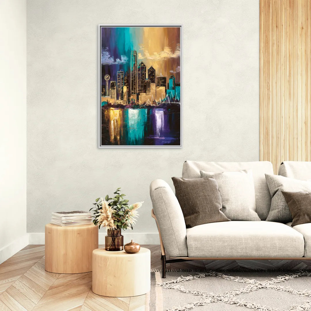 Dallas Iconic Skyline - Living Room White Frame Canvas