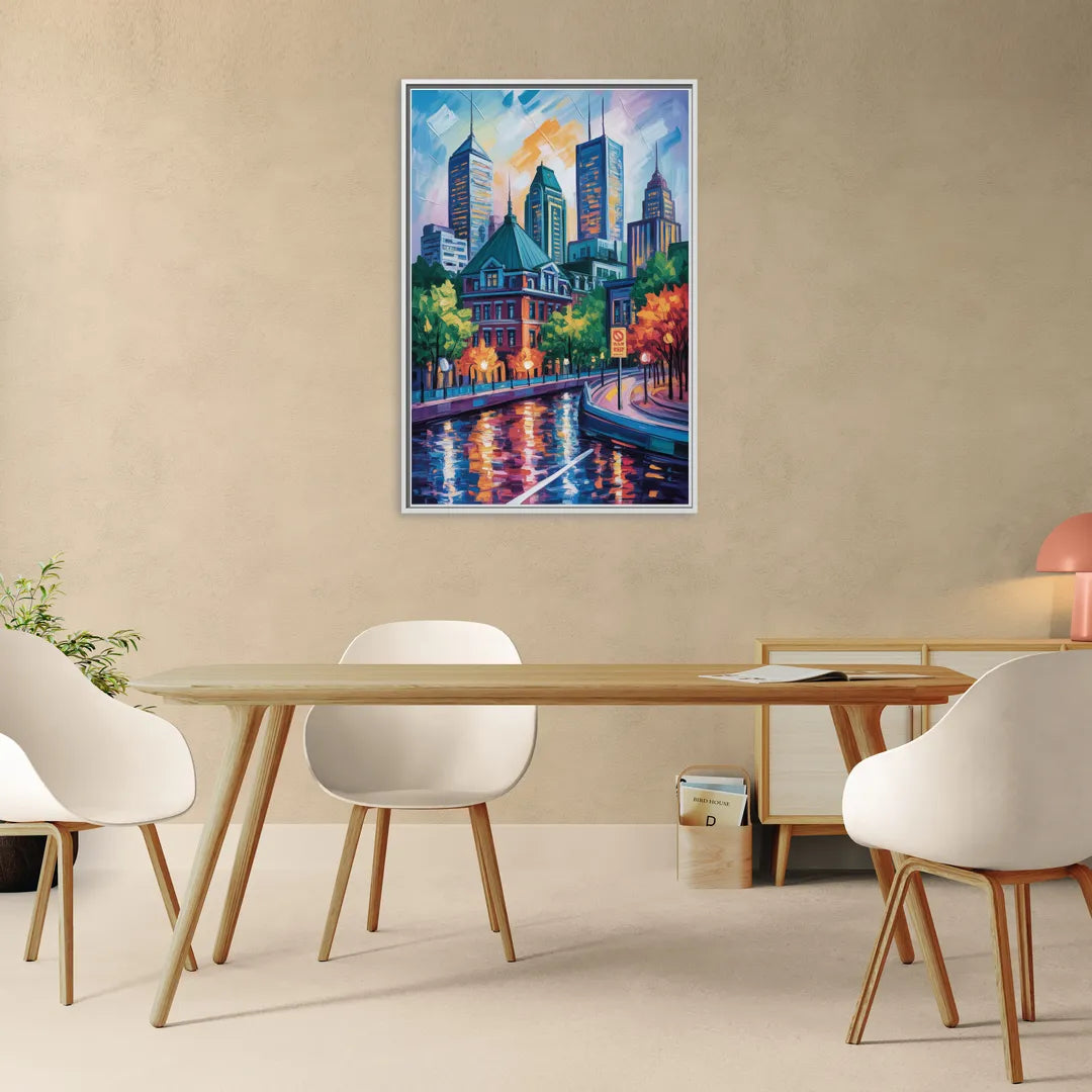 Montreal Cityscape - Living Room White Frame Canvas