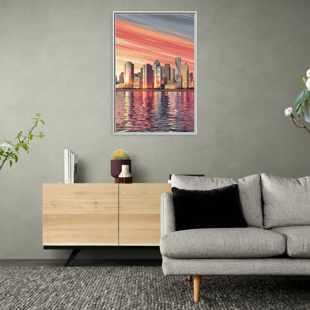 Jersey City Skyline and Hudson River - Living Room White Frame Canvas