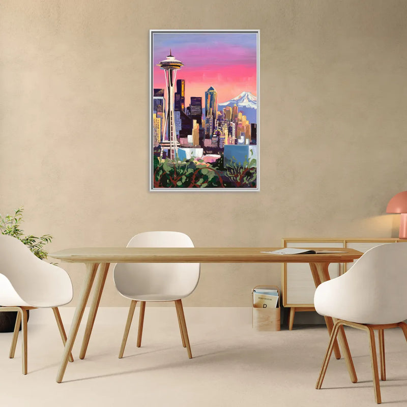 Seattle Skyline with Mount Rainier - Living Room White Frame Canvas