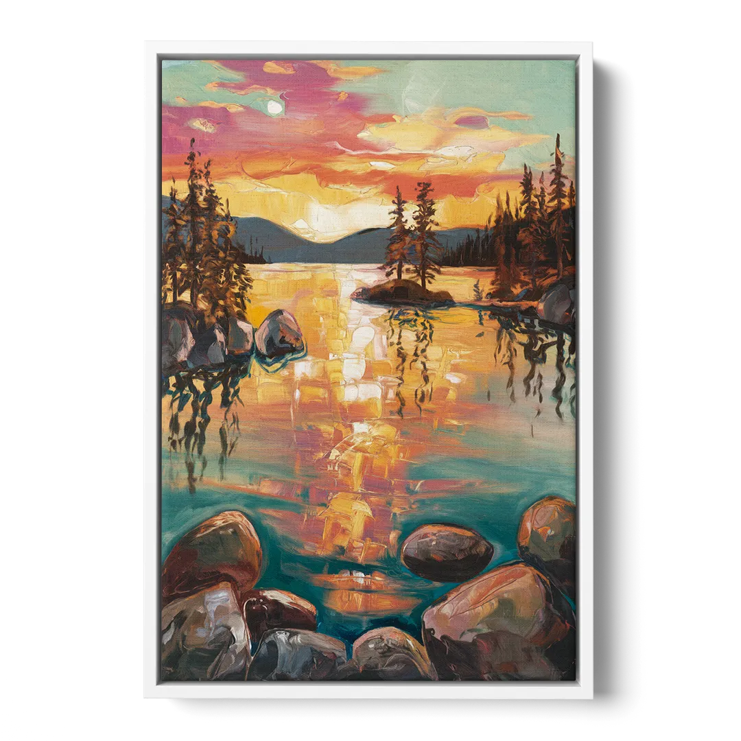 Lake Tahoe Sunset Reflections - White Frame Canvas