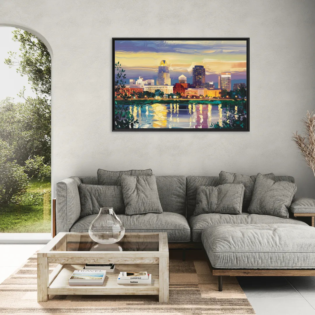 Greensboro Cityscape Panorama - Living Room Black Frame Canvas
