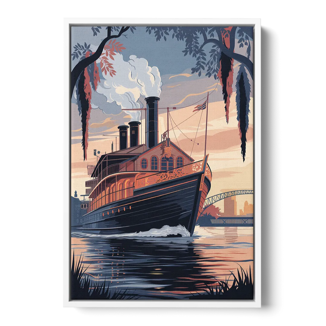 New Orleans Steamboat on the River - White Frame Canvas