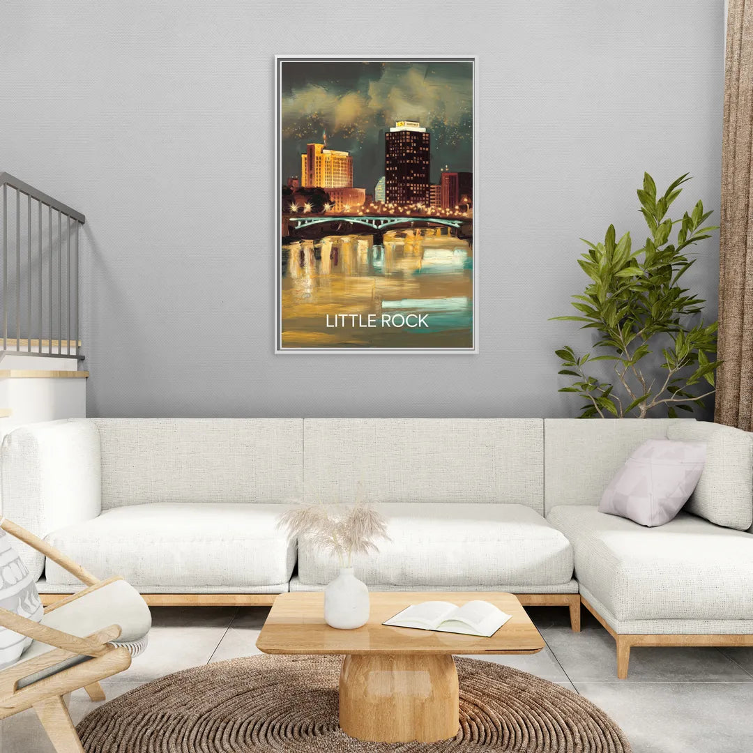 Little Rock Nighttime Skyline - Living Room White Frame Canvas
