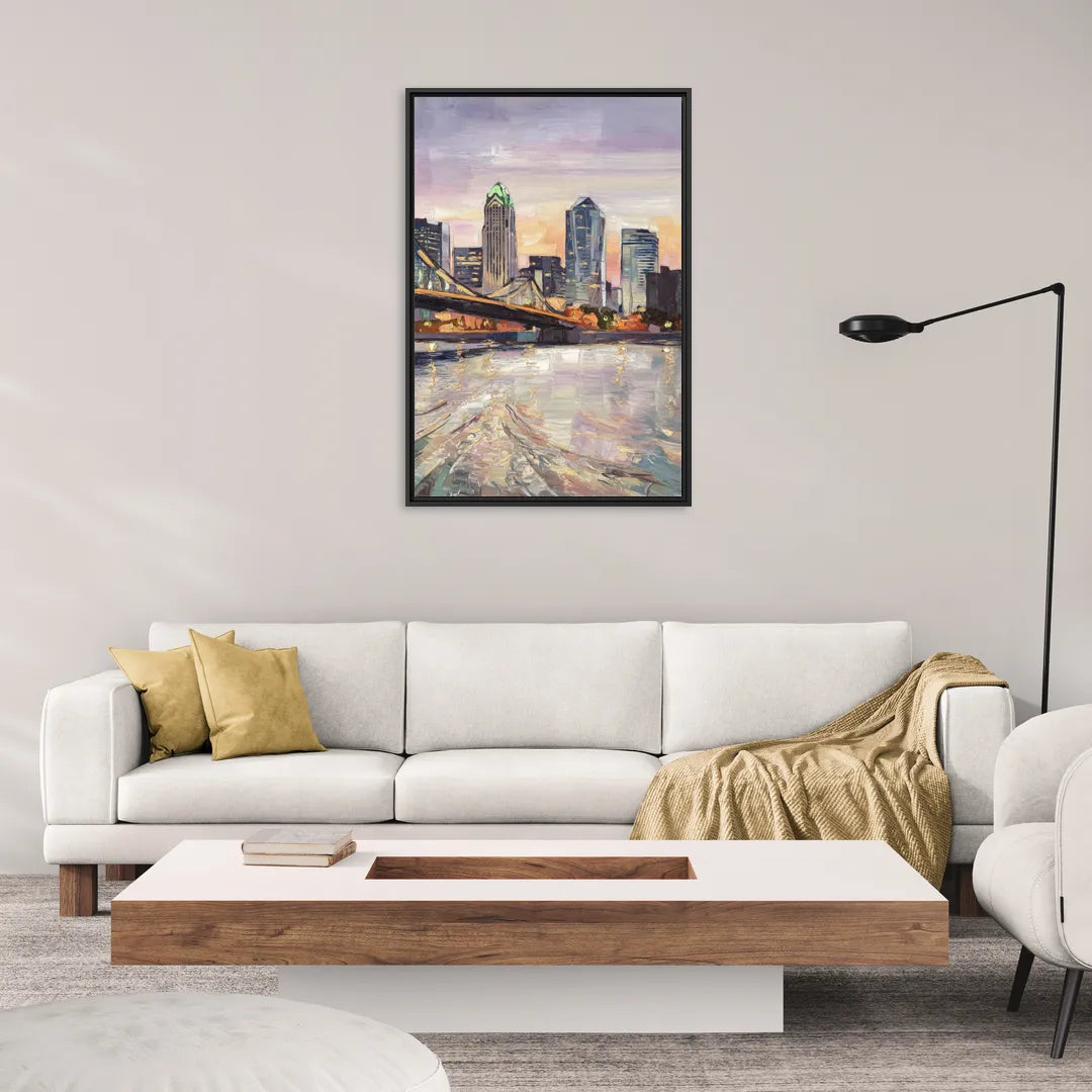 Cincinnati Skyline at Dawn - Living Room Black Frame Canvas