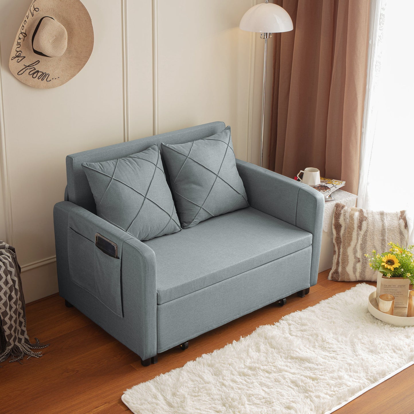 Modern 2-Seater Linen Futon Sofa Bed with Headboard – Stylish & Compact