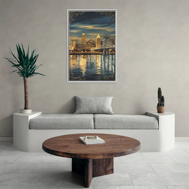 Louisville Downtown Skyline - Living Room White Frame Canvas