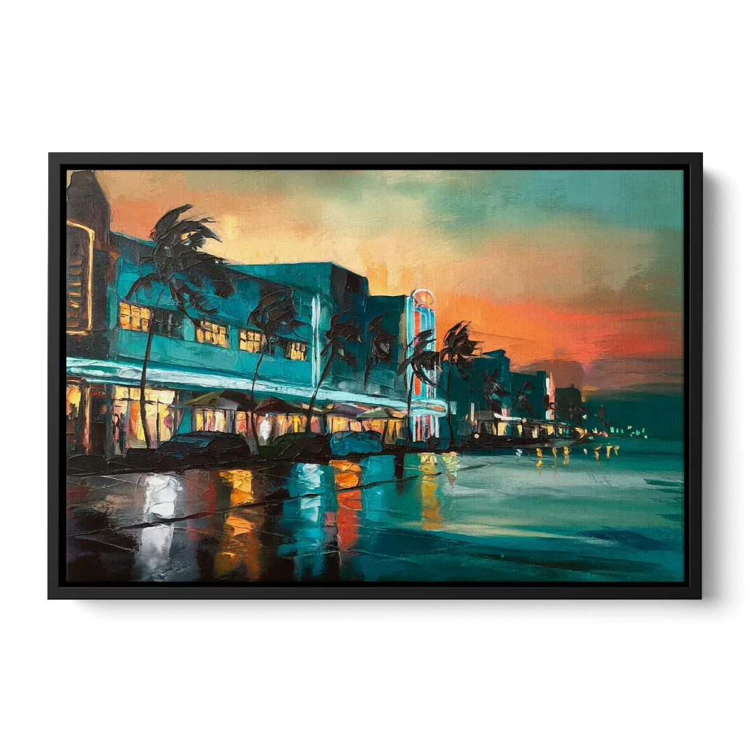 Miami Ocean Drive Lights - Black Frame Canvas