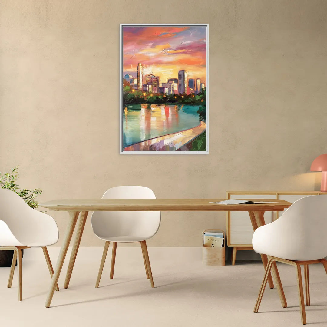 Austin Enchanting Cityscape - Living Room White Frame Canvas