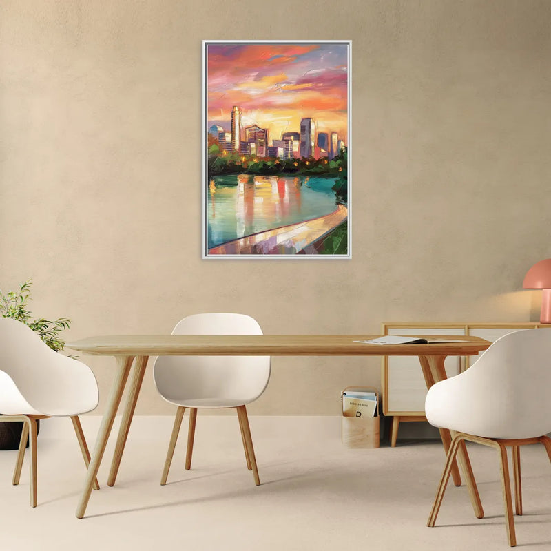Austin Enchanting Cityscape - Living Room White Frame Canvas
