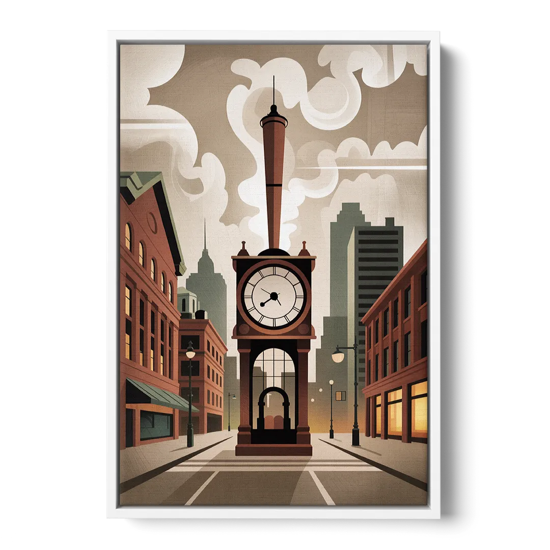 Gastown Steam Clock - White Frame Canvas