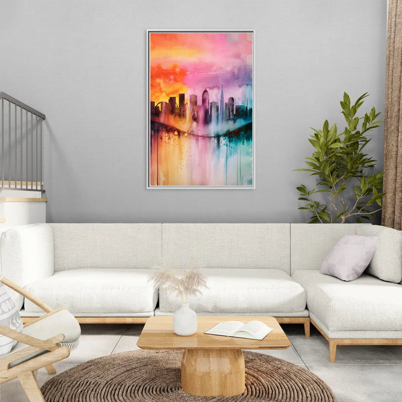 Oakland Skyline Sunset - Living Room White Frame Canvas