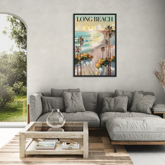 Long Beach California Palm Trees - Living Room Black Frame Canvas