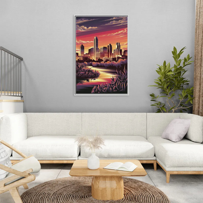 Austin Skyline Sunset - Living Room White Frame Canvas