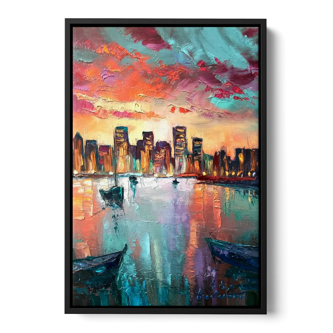 Norfolk Harbor Reflections - Black Frame Canvas