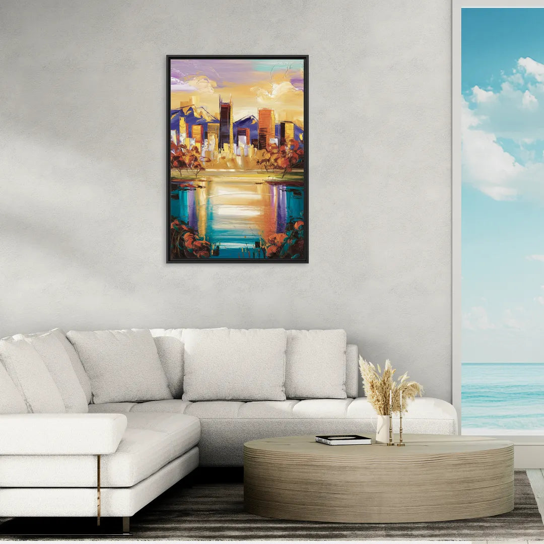Denver Skyline Reflection - Living Room Black Frame Canvas