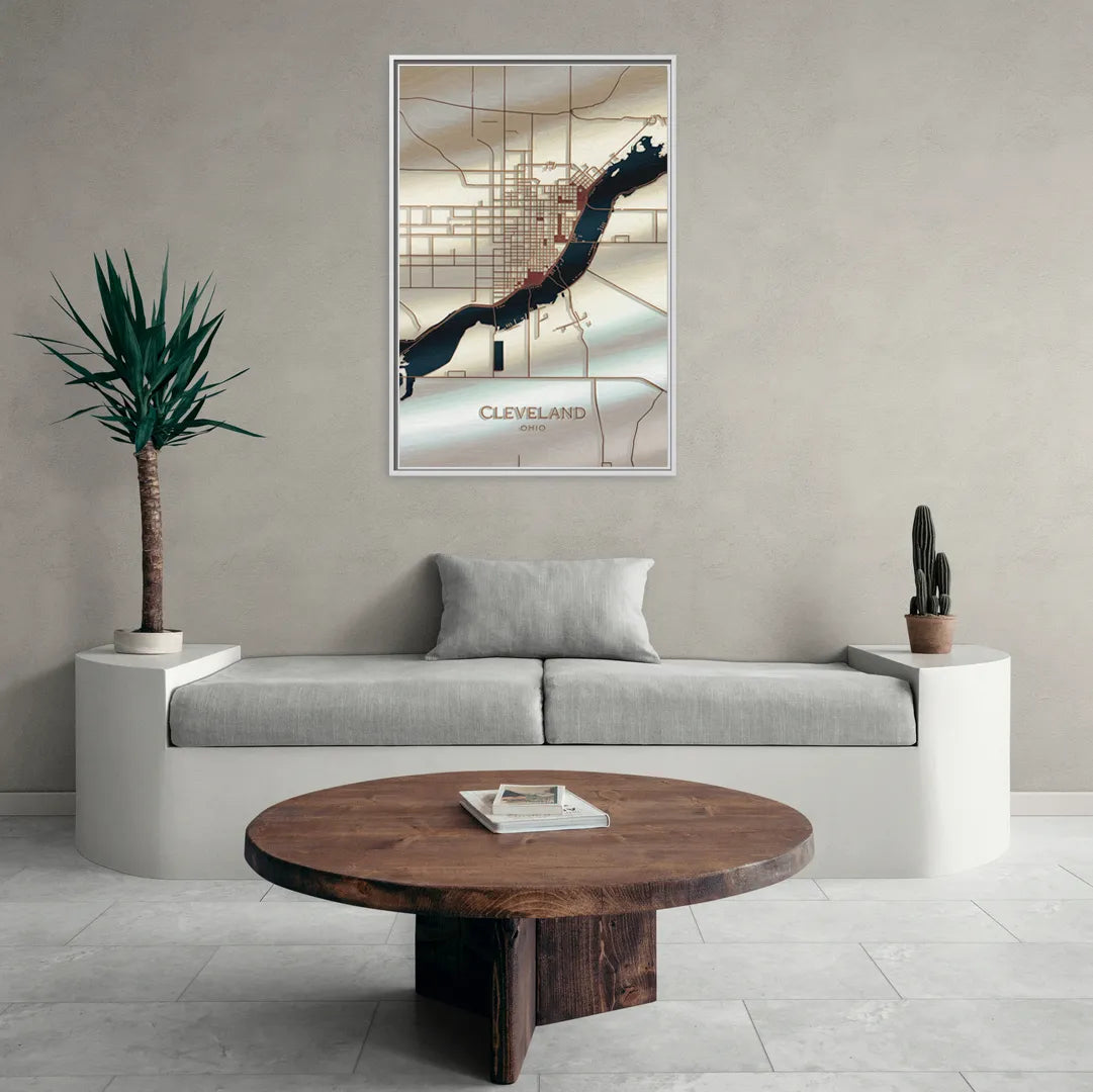 Cleveland Ohio Map Design - Living Room White Frame Canvas