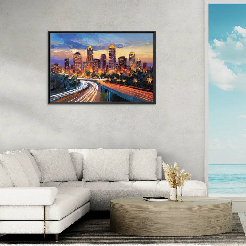 Atlanta Vibrant Downtown Scene - Living Room Black Frame Canvas