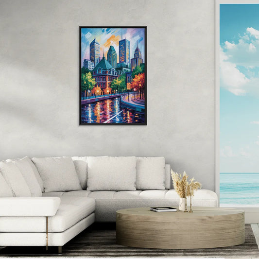 Montreal Cityscape - Living Room Black Frame Canvas
