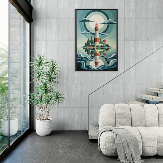 Lighthouse on the Island - Living Room Black Frame Canvas