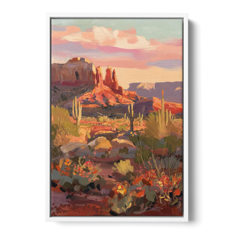 Sedona Desert Bloom Scenery - White Frame Canvas