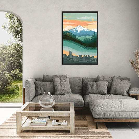 Portland Mount Hood View - Living Room Black Frame Canvas