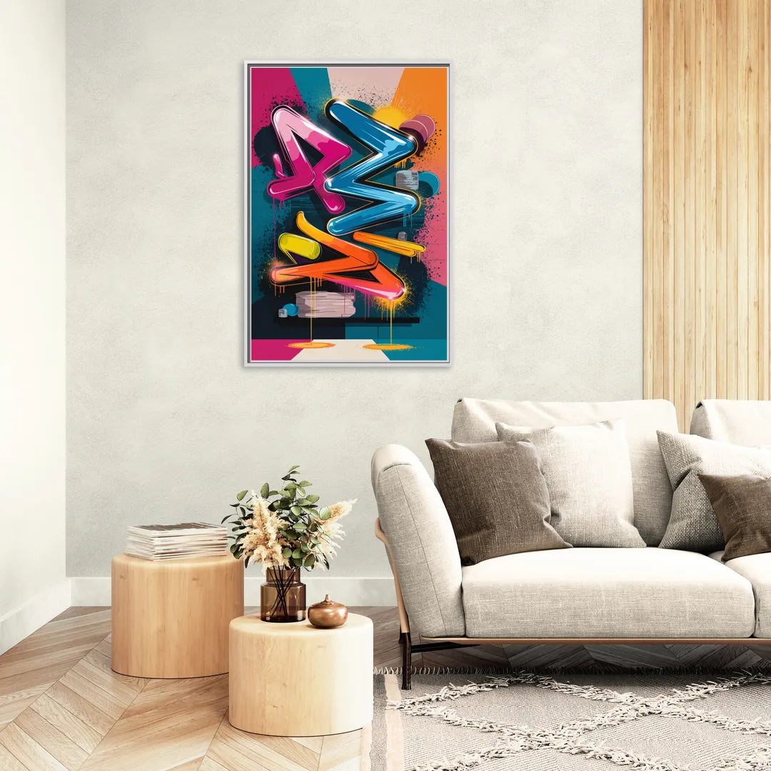 Austin Artistic Graffiti - Living Room White Frame Canvas