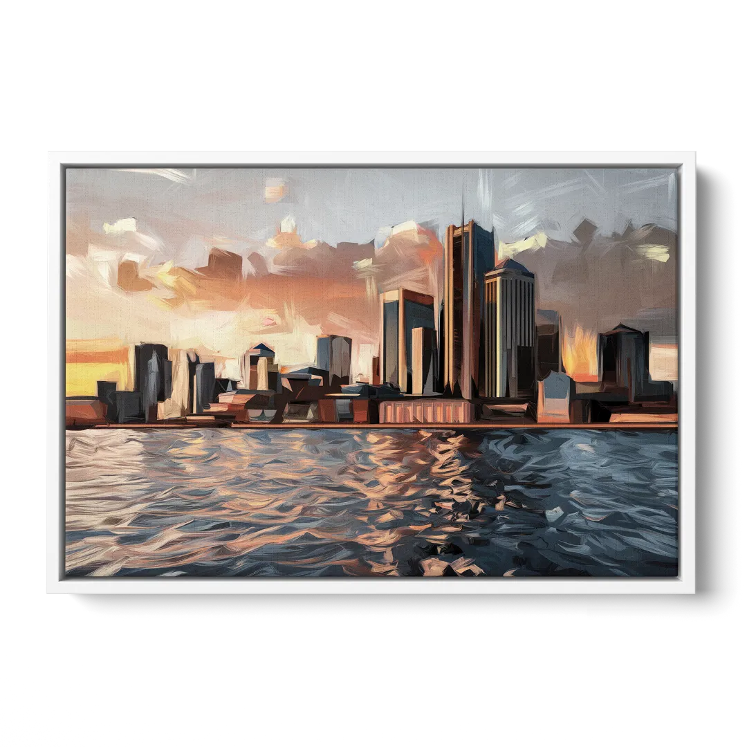 Detroit Cityscape Photography - White Frame Canvas