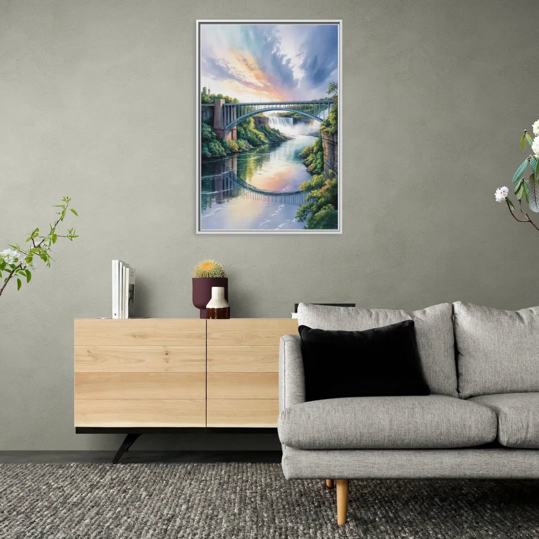 Niagara Falls Rainbow Bridge - Living Room White Frame Canvas