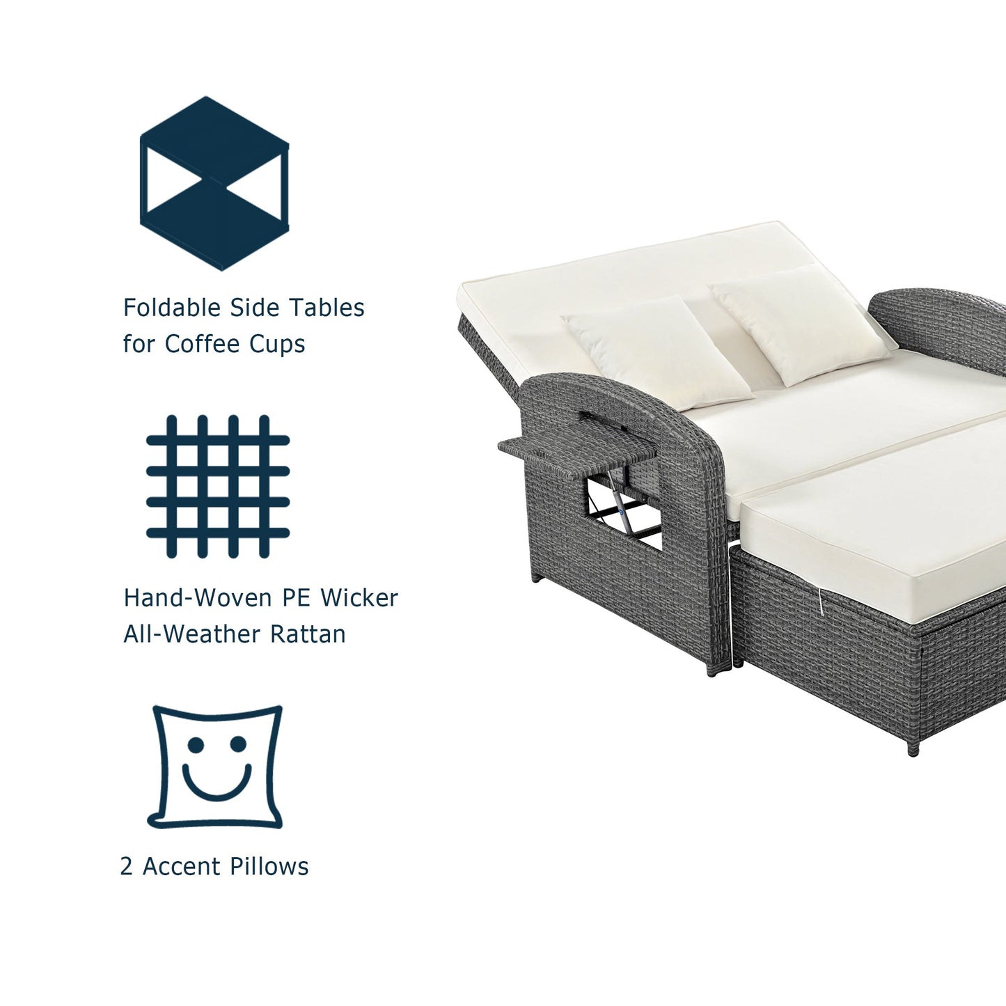 Elegant PE Wicker Double Chaise Lounge - 2-Person Patio Daybed with Recliner