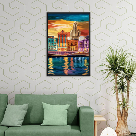 Detroit Vibrant Cityscape - Living Room Black Frame Canvas