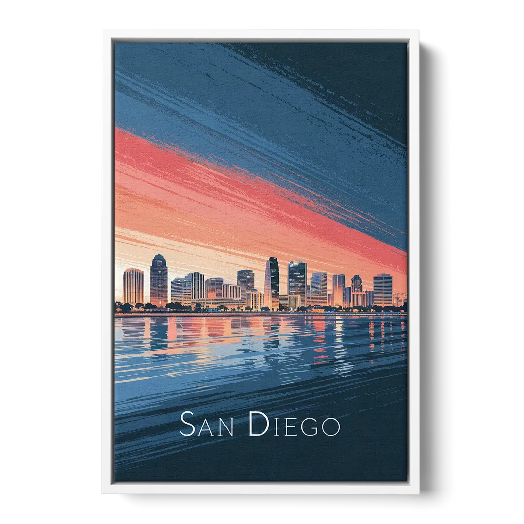 San Diego Urban Skyline - White Frame Canvas