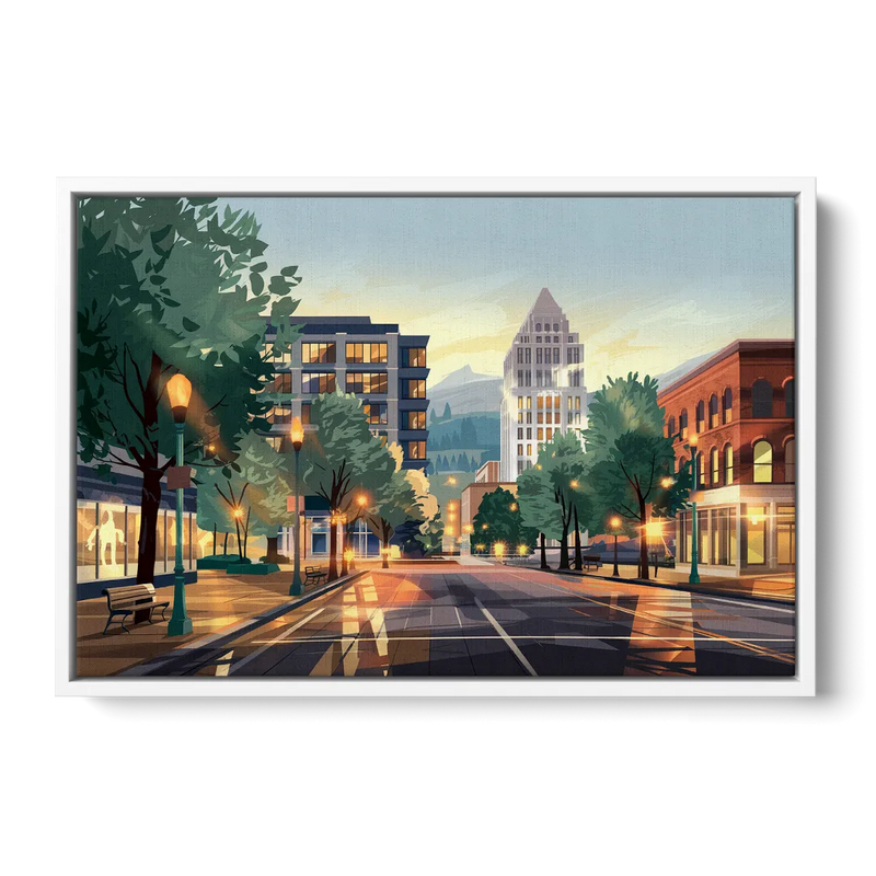 Eugene Cityscape Downtown - White Frame Canvas