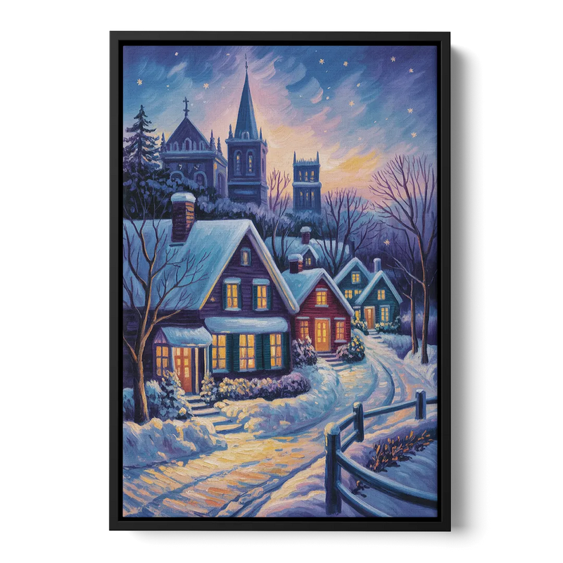 Quebec Snowy Village Scene - Black Frame Canvas