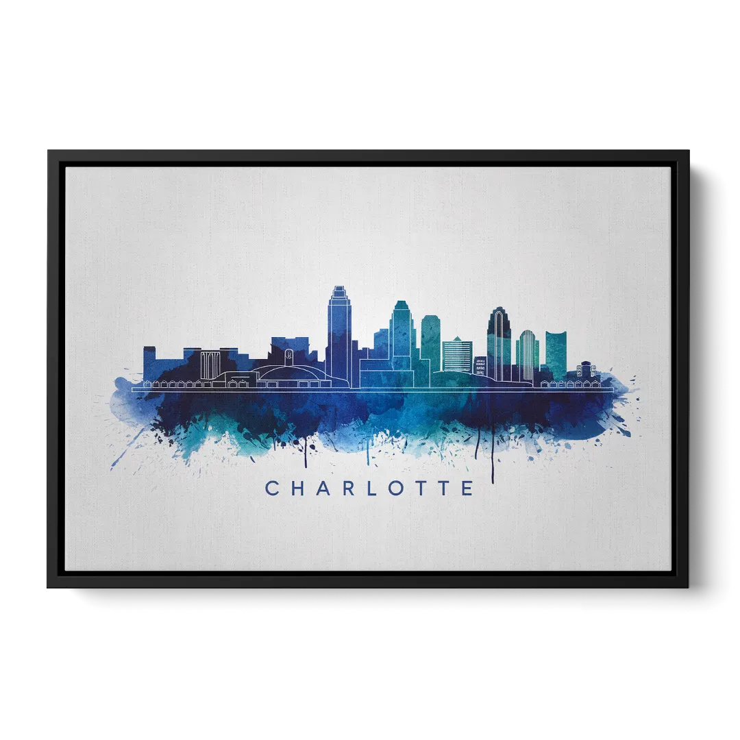 Charlotte Skyline With Blue Tones - Black Frame Canvas