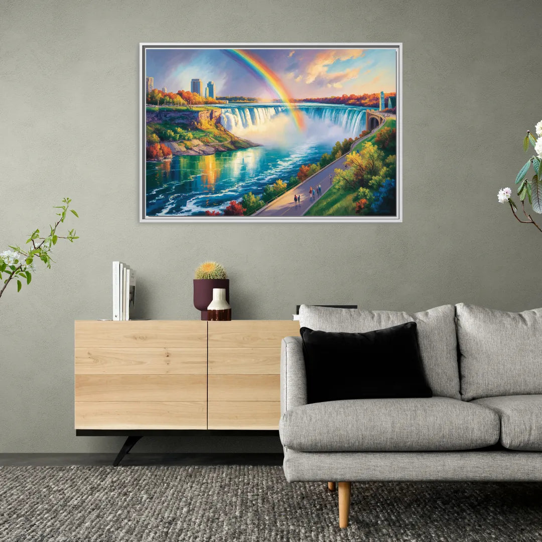 Rainbow Over Niagara Falls - Living Room White Frame Canvas