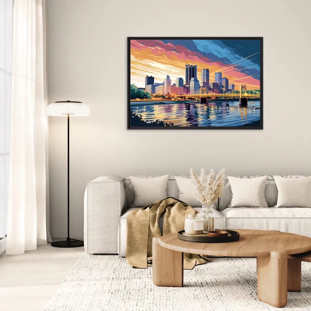 Pittsburgh Skyline At Sunset - Living Room Black Frame Canvas