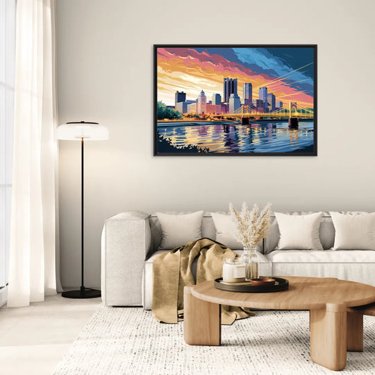 Pittsburgh Skyline At Sunset - Living Room Black Frame Canvas