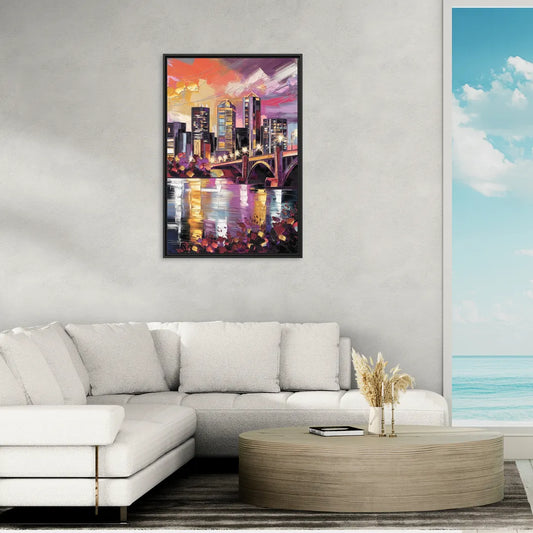 Minneapolis Vibrant City Lights - Living Room Black Frame Canvas