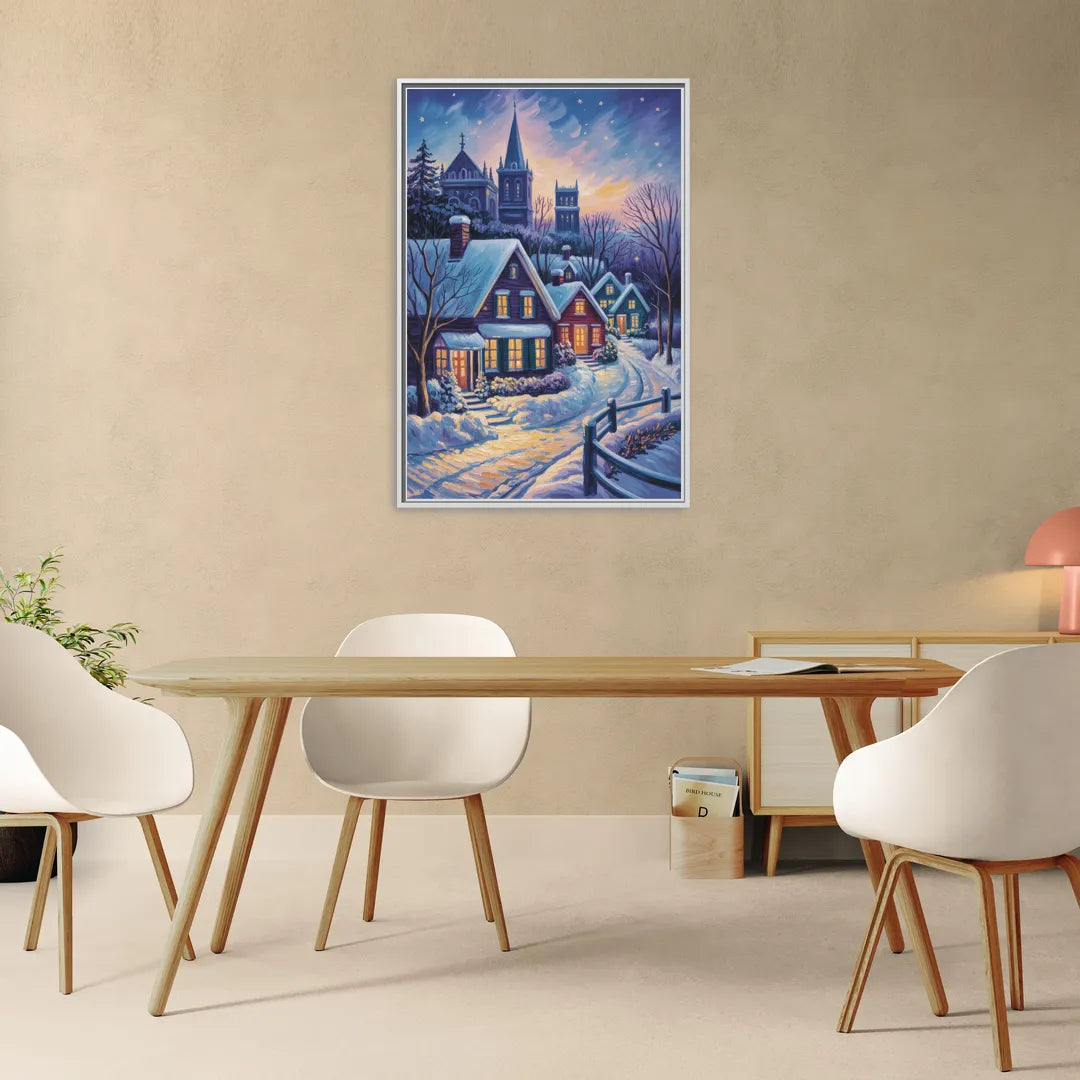 Quebec Snowy Village Scene - Living Room White Frame Canvas