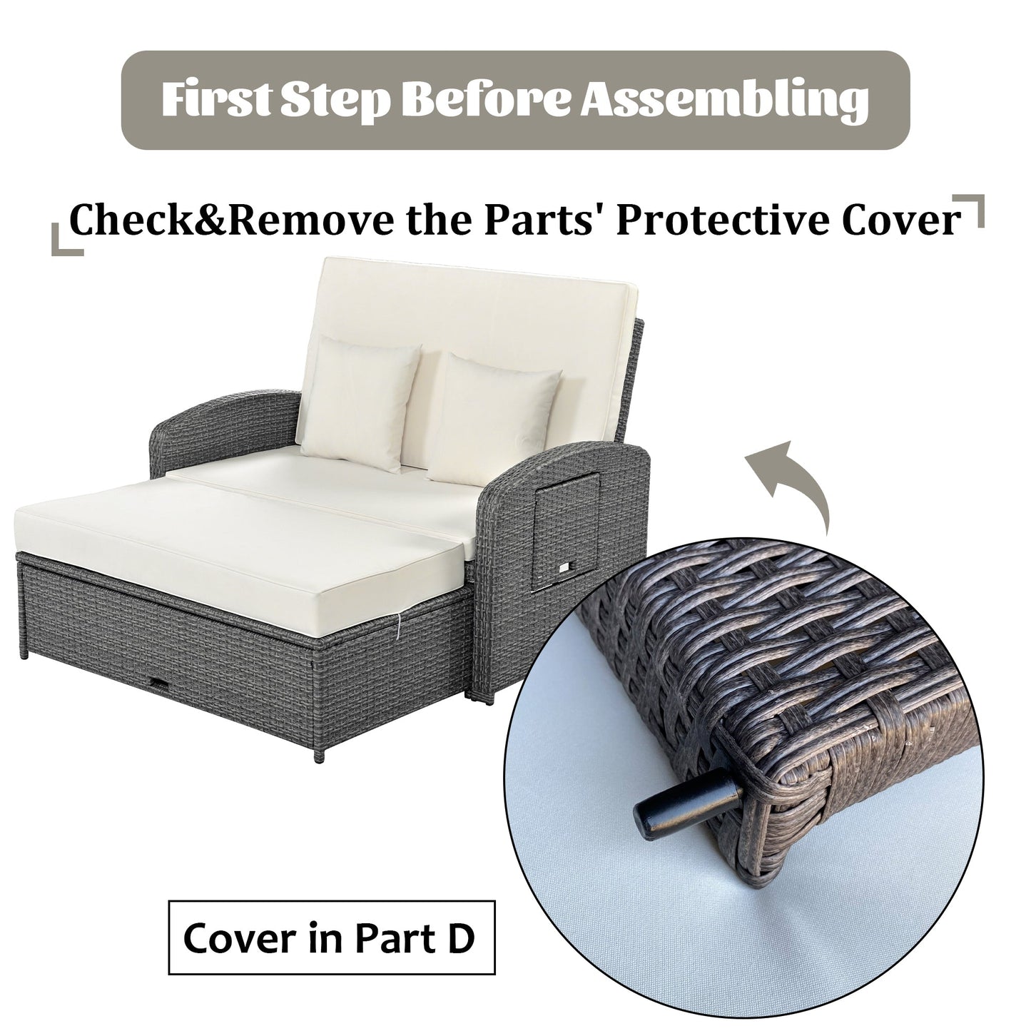 Elegant PE Wicker Double Chaise Lounge - 2-Person Patio Daybed with Recliner