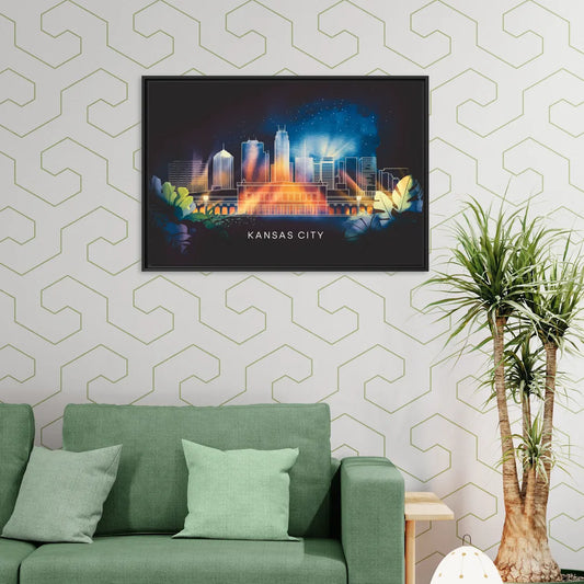 Kansas City Vibrant Downtown - Living Room Black Frame Canvas