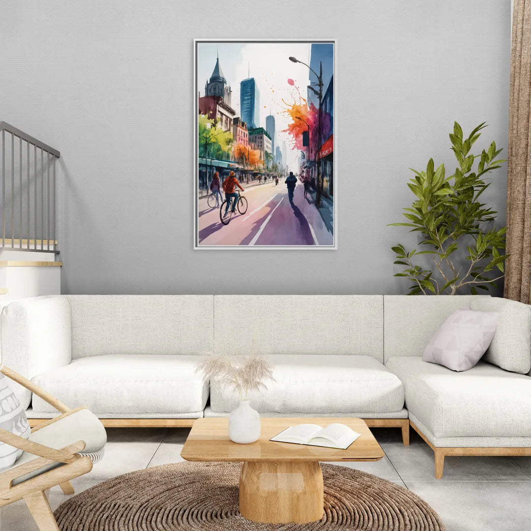 Montreal Street Life - Living Room White Frame Canvas