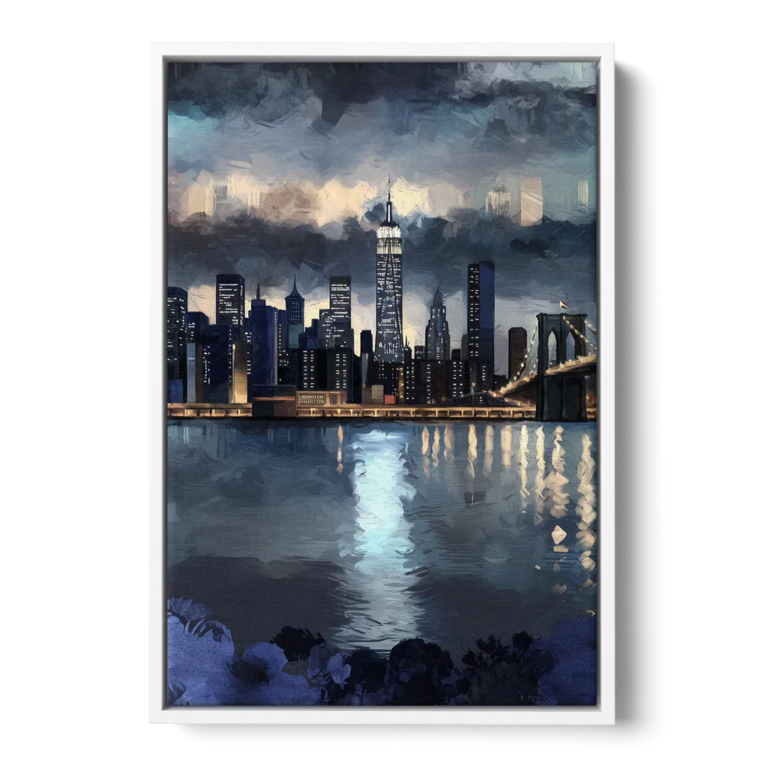 New York City Skyline in Blue Tones Hudson - White Frame Canvas