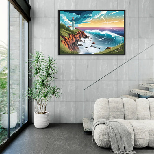 Seaside Lighthouse View - Living Room Black Frame Canvas
