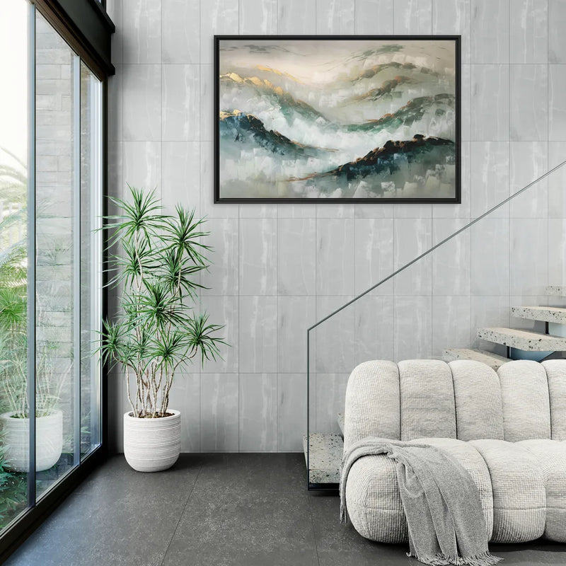 Gatlinburg Misty Mountain Gray Landscape - Living Room Black Frame Canvas