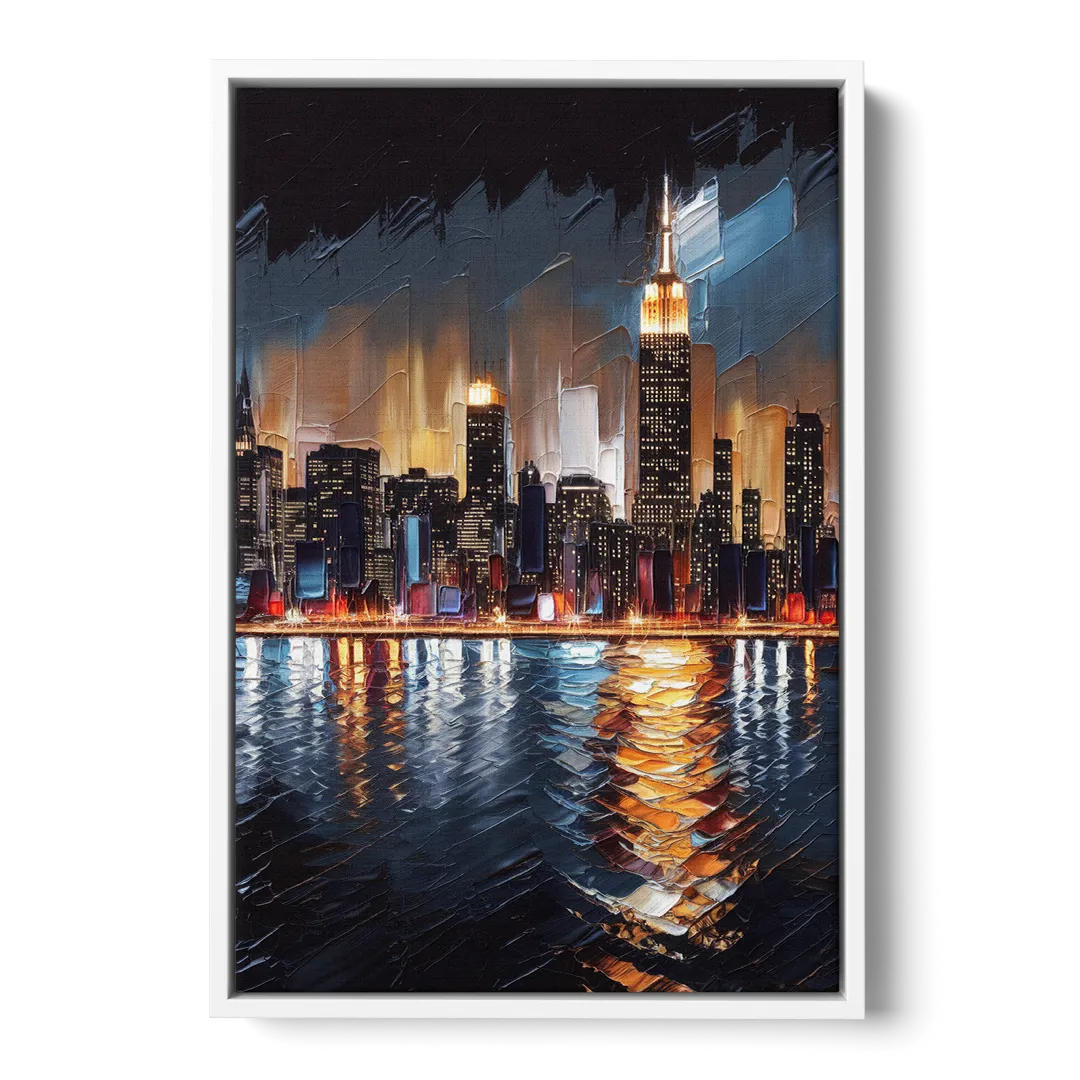New York City Skyline by Nightfall Hudson - White Frame Canvas