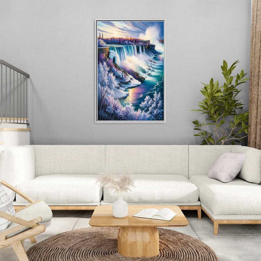 Niagara Falls Winter Freeze - Living Room White Frame Canvas