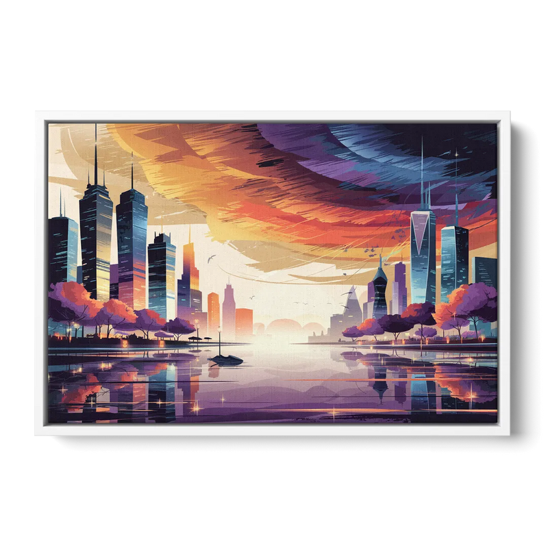 Garland Cityscape Sunset Horizon - White Frame Canvas