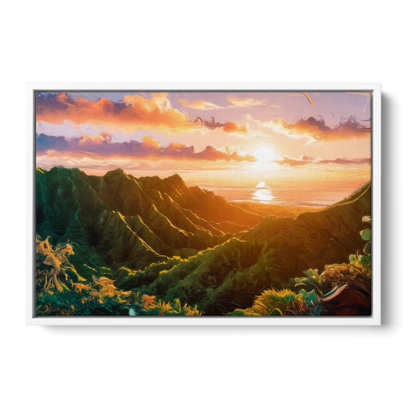 Honolulu Sunset Over Mountains - White Frame Canvas